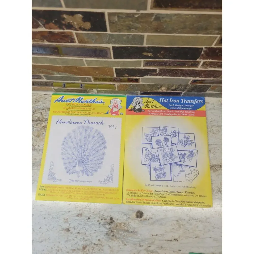 7 Vtg Aunt Martha's Hot Iron Embroidery Transfer Patterns Southern Belle Peacock